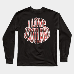 I LOVE SCOTLAND Red, Black and White Tartan Colour Typography Design Long Sleeve T-Shirt